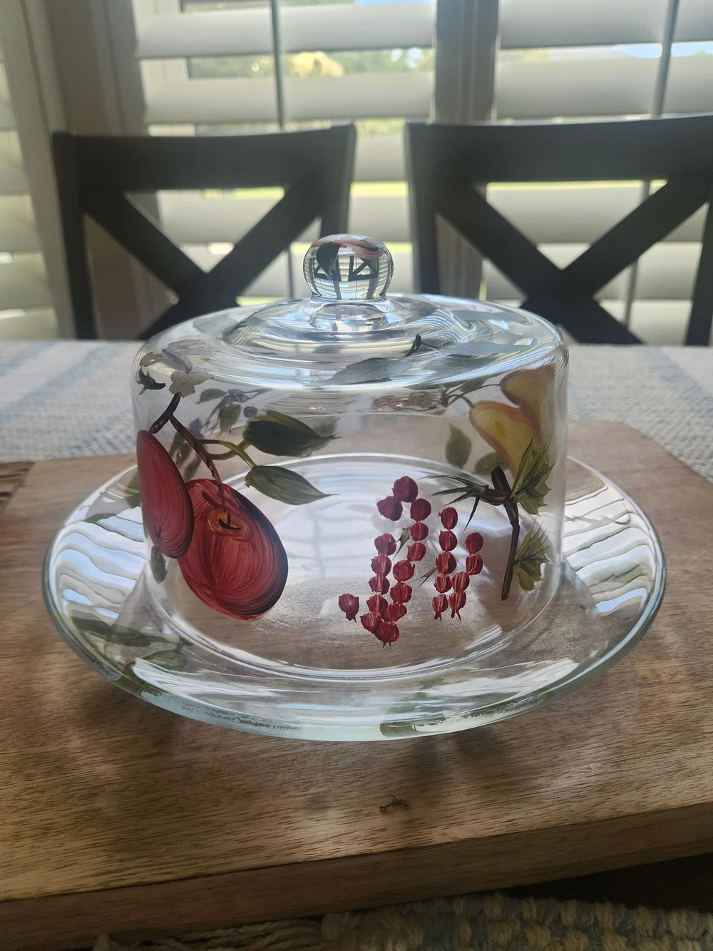 Vintage Hand Painted Glass Covered Cake Plate Cheese Fruit Dessert Dome Cloche
